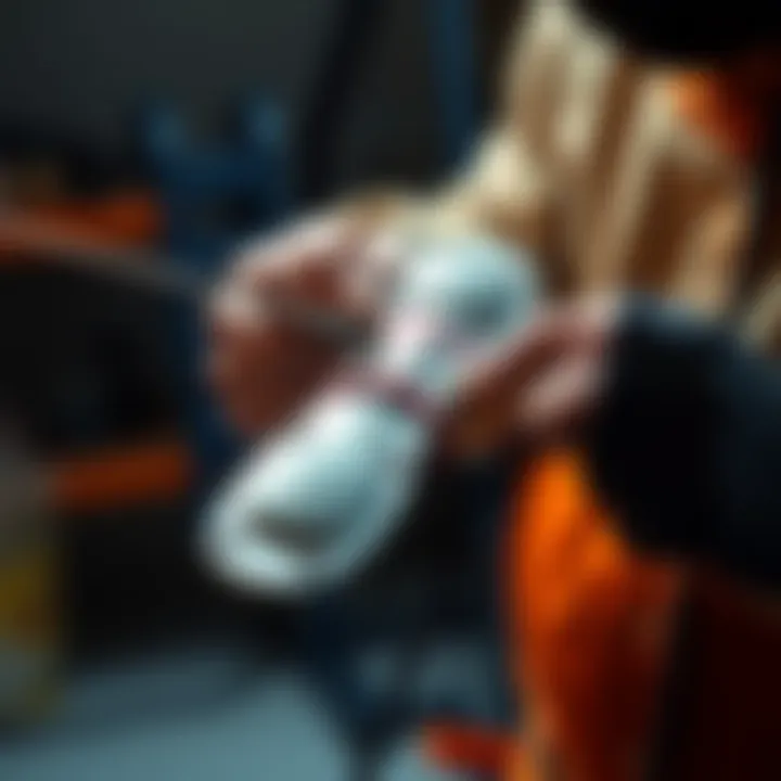 A person carefully shrinkwrapping a uniquely shaped fencing grip with heat, ensuring a snug fit over the grip's contours.