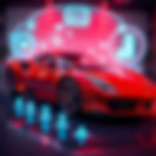 A sleek Ferrari car alongside digital icons representing AI and marketing strategies. The scene highlights innovation in automotive branding.