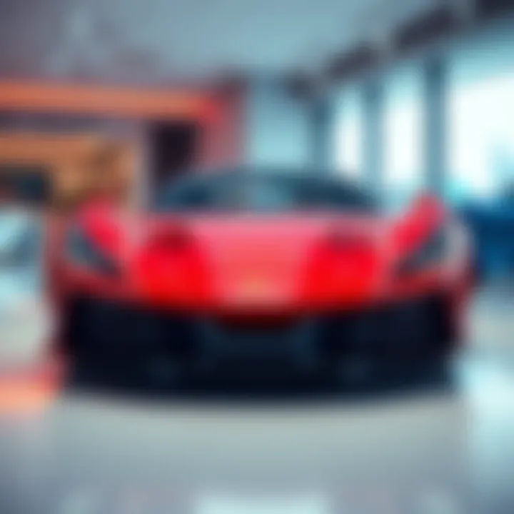 A sleek, modern Ferrari electric car in a showroom setting, showcasing its elegant design and luxury features.