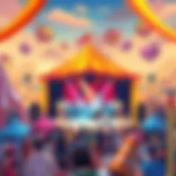 Colorful illustration of a festival scene with tents, crowds, and a stage featuring performers and comedic mishaps