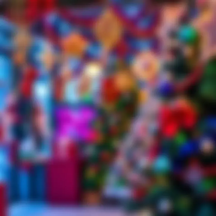 A colorful display of holiday decorations including lights, ornaments, and a Christmas tree, creating a joyful atmosphere.