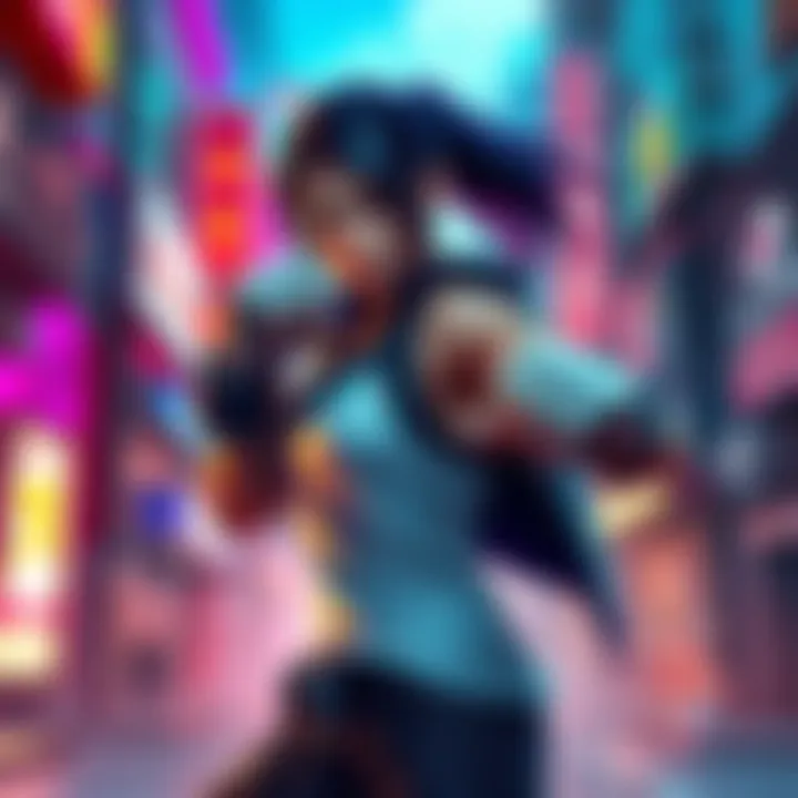 A strong female character ready for battle in a vibrant urban setting, showcasing her fighting stance with determination.