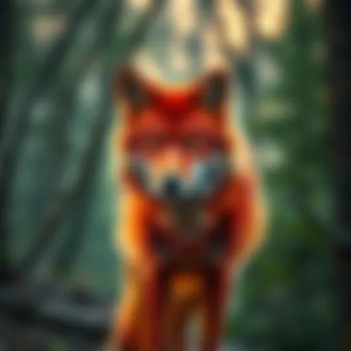 A fiery red wolf standing in a forest, showcasing its vibrant fur and keen expression while surrounded by trees.