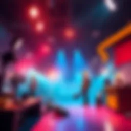 Film Studio Construction A player building a film studio in a vibrant, animated game environment with crew and equipment.