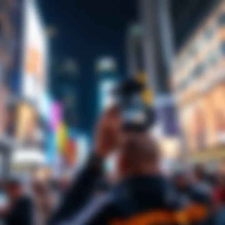 A person filming vibrant LTX-2 videos with a camera in Times Square, surrounded by bright lights and bustling crowds.