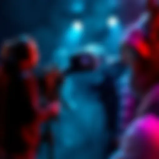 A crew sets up a camera to film a monster scene in a dark, eerie setting with fog and theatrical lighting