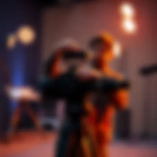 A person adjusting a camera on a tripod with lights and a microphone in the background