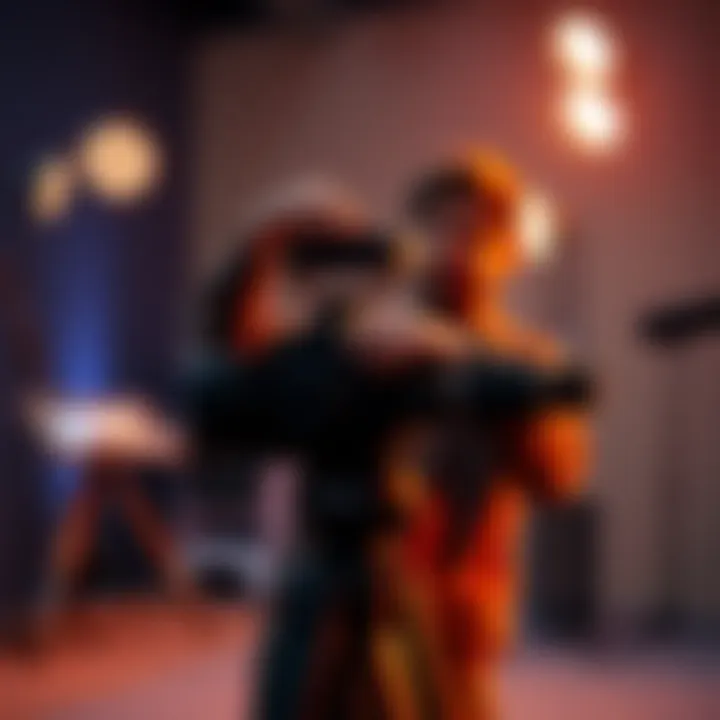 A person adjusting a camera on a tripod with lights and a microphone in the background
