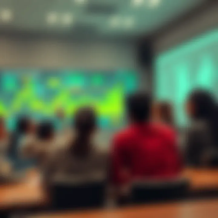 A group of students discussing finance studies in a classroom setting with a digital AI interface in the background