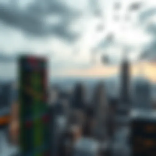 A city skyline with stock market graphs and falling numbers, symbolizing financial crisis effects.