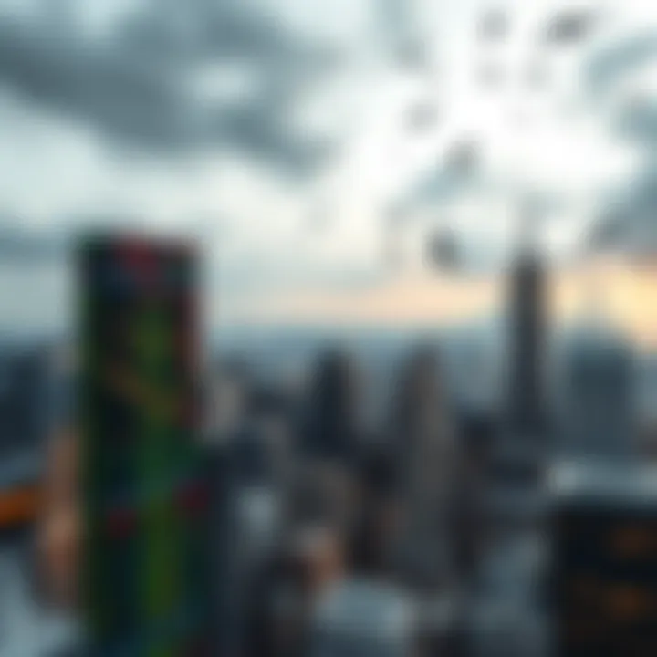 A city skyline with stock market graphs and falling numbers, symbolizing financial crisis effects.
