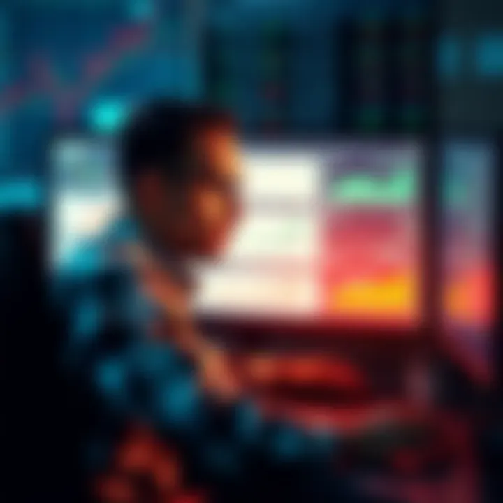 A frustrated person analyzing financial data on a computer screen, surrounded by charts and graphs representing dividend portfolios.