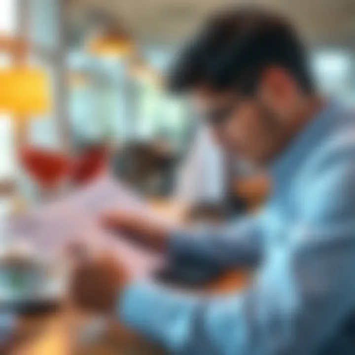 A person reviewing a budget sheet with a calculator and coffee, looking focused on financial strategies.