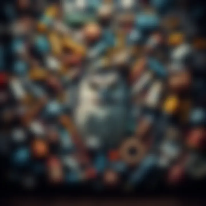 A complex image filled with various objects where a small owl is hidden among them, challenging people to find it.