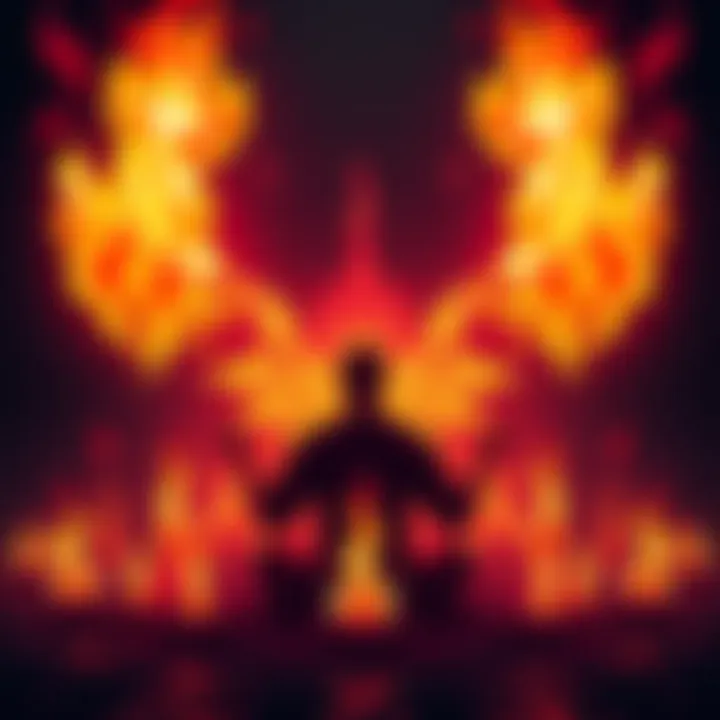 A character surrounded by flames, meditating to confront inner demons in the game Ignitement.