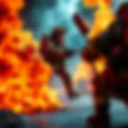A firefighter character in a video game fighting large flames with a hose, showing action and intensity
