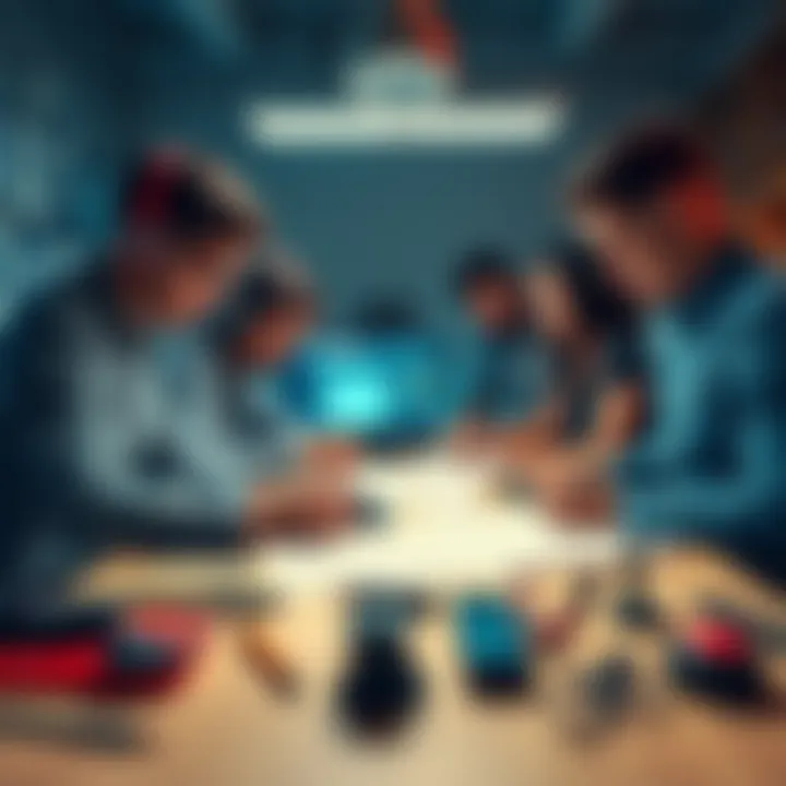 A group of creators working together to design the first video game, with sketches and tools on a table.