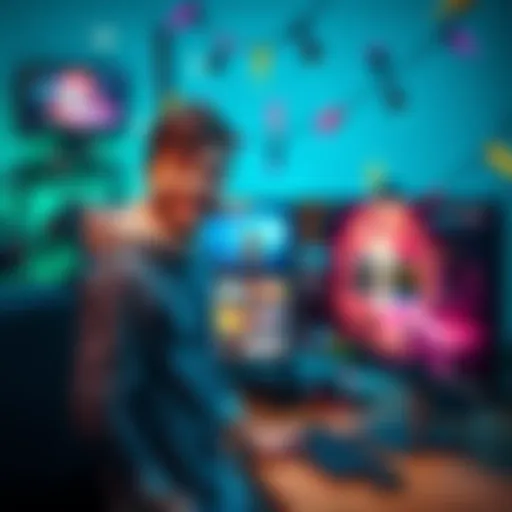 A joyful game developer stands in front of a computer showcasing their new game on Steam. They have a big smile, surrounded by colorful game graphics and excitement in the air.