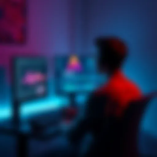 A person sitting at a computer, learning After Effects with motion graphics on the screen.
