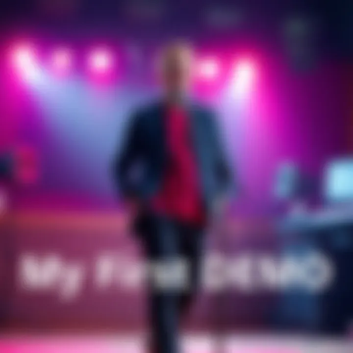 A musician stands confidently with a microphone in a studio, ready to share their first demo recording after overcoming personal struggles.