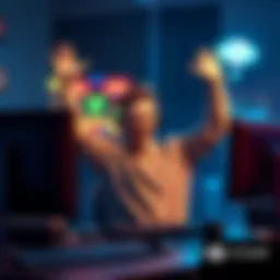 A developer celebrating the launch of their first video game on a computer, showing excitement and joy.