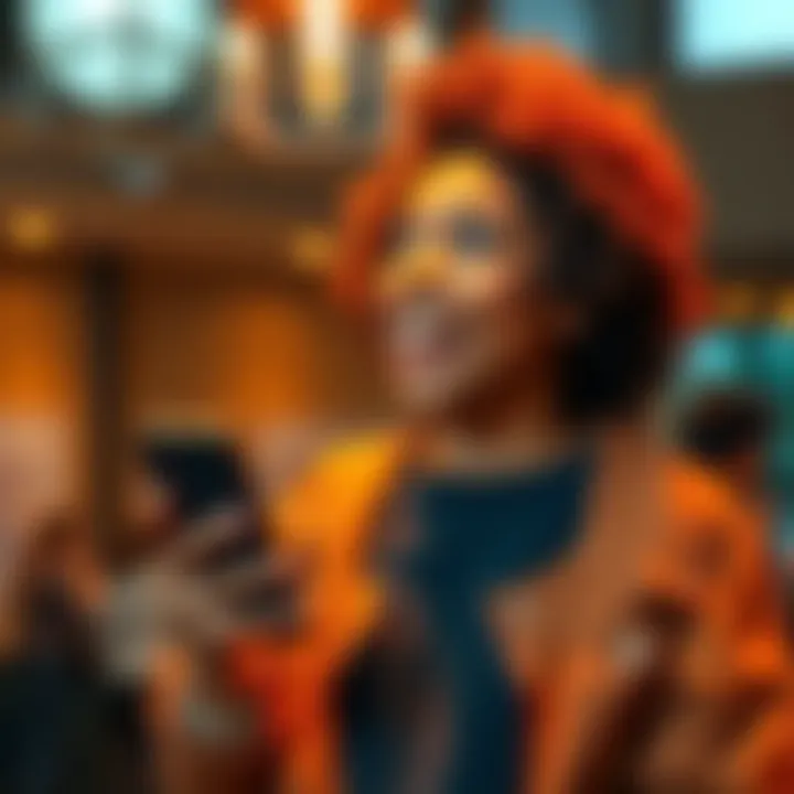 First Post Feedback A cheerful person holding a phone, looking excited while sharing their first post and asking for feedback from the community