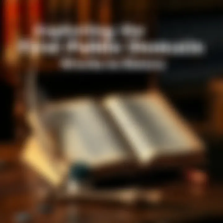 A historical book representing early public domain works on a wooden table with a quill and ink set nearby