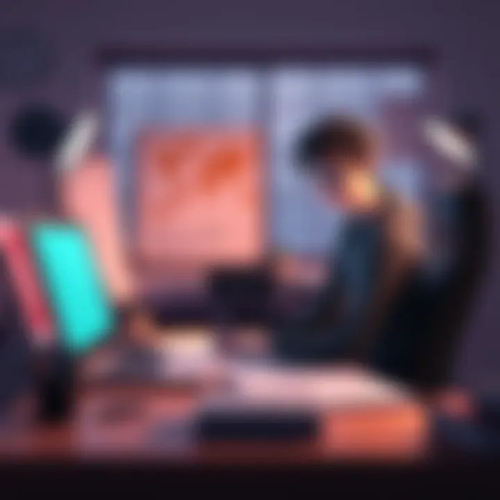 A first-time animator focused on creating an animation project at a desk, with sketches and a laptop in view.
