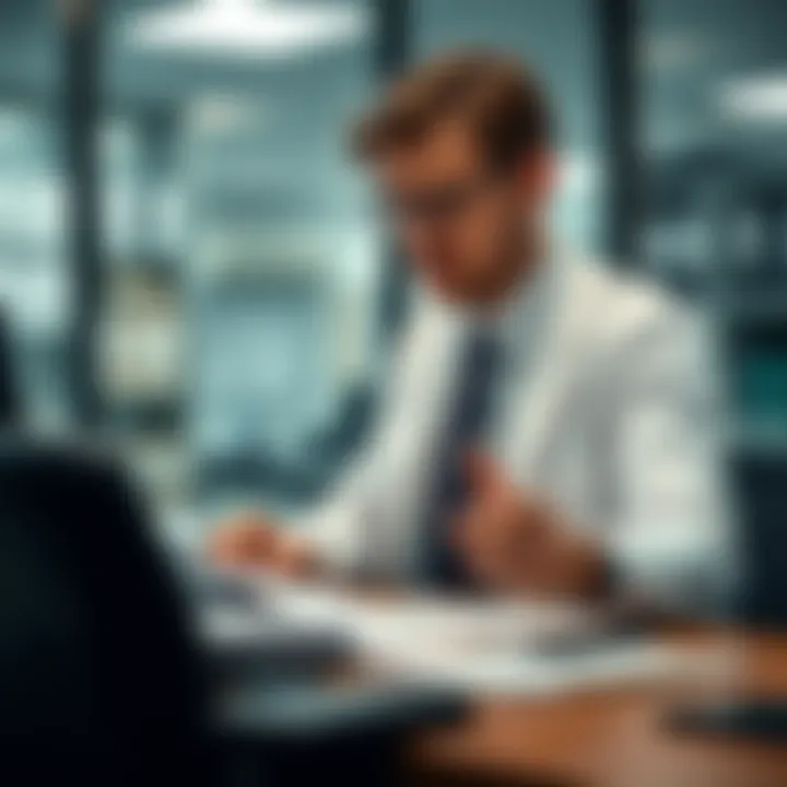 A focused first-year patent attorney reviewing patent documents at their desk in an office setting.