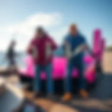 Two fishermen stand next to a shiny pink Lamborghini after a fishing trip, holding fish and looking excited.