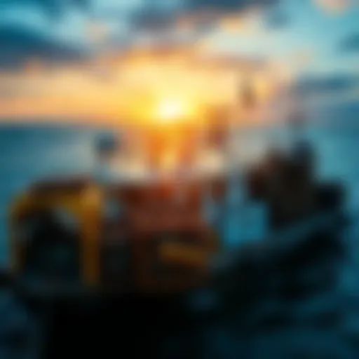 A fishing boat loaded with crab traps in the ocean, highlighting crab fishing practices.