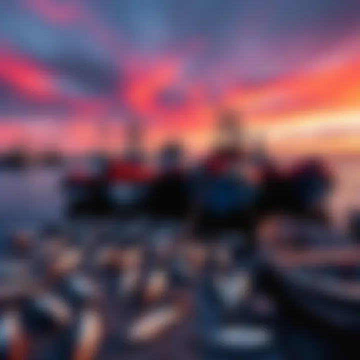 Fishing boats docked at a jetty with dead fish scattered nearby, showing the catch of the day.