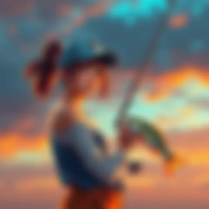 Stylish wallpaper of a girl holding a fishing rod on a vibrant background