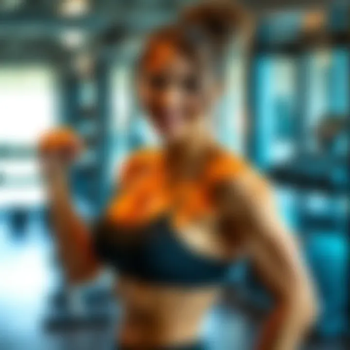 A fit woman with a confident pose, showcasing her toned muscles and attractive smile in a gym setting