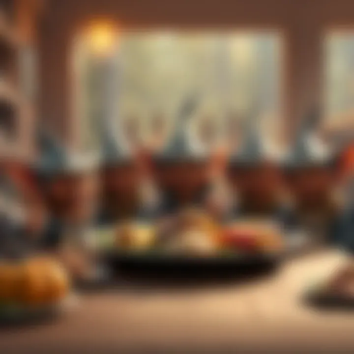 Five cheerful goblins enjoying a Thanksgiving meal at a table filled with food, reflecting themes of community and sharing.