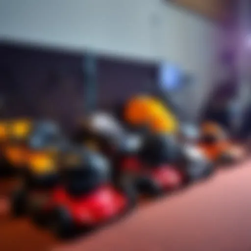 A selection of five different lawn mowers arranged in a neat row, showcasing their unique designs and features.