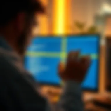 A person troubleshooting a computer screen with a visible yellow line