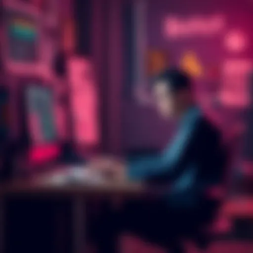 A person sitting at a desk looking frustrated while working on a computer, surrounded by notes and guides for creating bots.