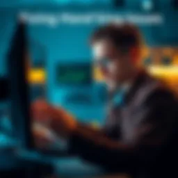 A developer examines a computer screen with hand tracking software, looking frustrated while trying to solve the problem.