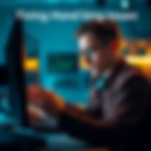 A developer examines a computer screen with hand tracking software, looking frustrated while trying to solve the problem.