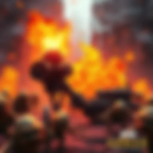 A flaming flamethrower accidentally fires autocannon shells, causing a massive explosion and goblin casualties in a fantasy setting.