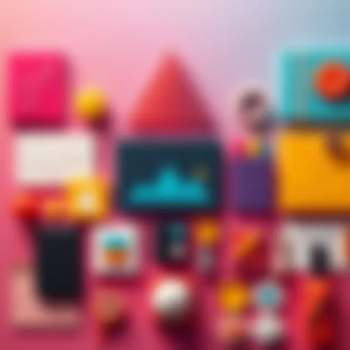 A collection of flat design graphics showcasing minimalist icons and color palettes