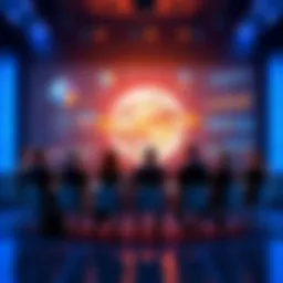A group of people discussing flat Earth theories with graphs and scientific visuals in the background.
