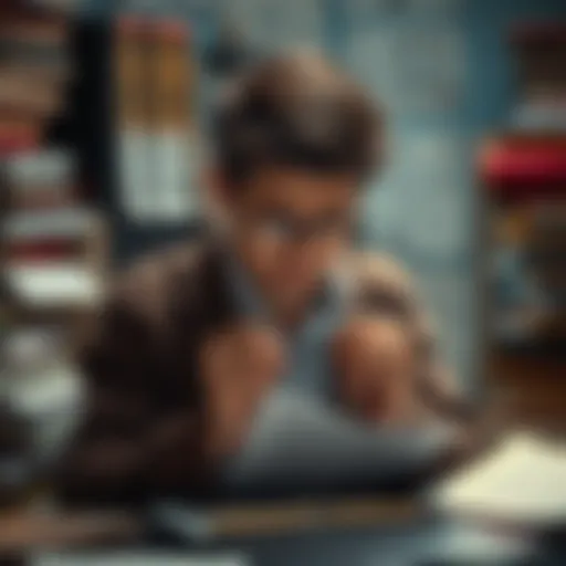 A person reviewing a list of predictions with a puzzled expression, showing disappointment over incorrect forecasts, surrounded by books and documents about future trends.