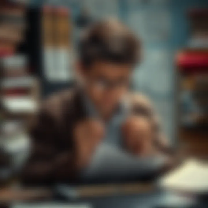 A person reviewing a list of predictions with a puzzled expression, showing disappointment over incorrect forecasts, surrounded by books and documents about future trends.