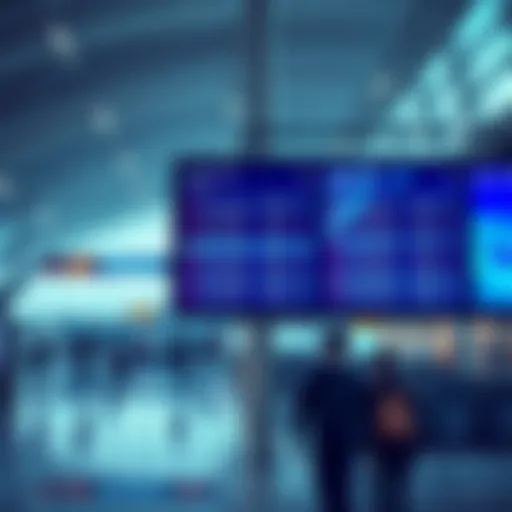 A flight board displaying updates on scheduled flights and delays at an airport