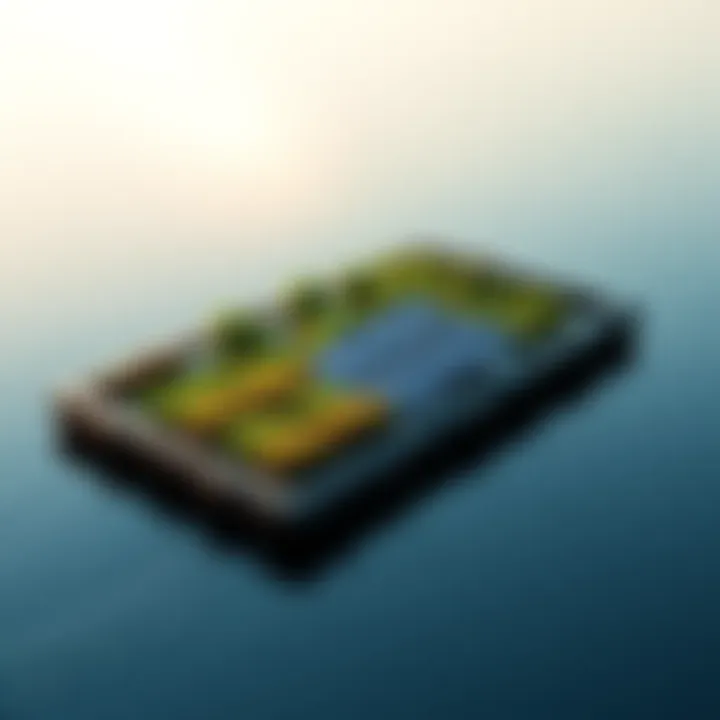 A floating platform designed for sustainable water use, featuring crops and solar panels, surrounded by water.