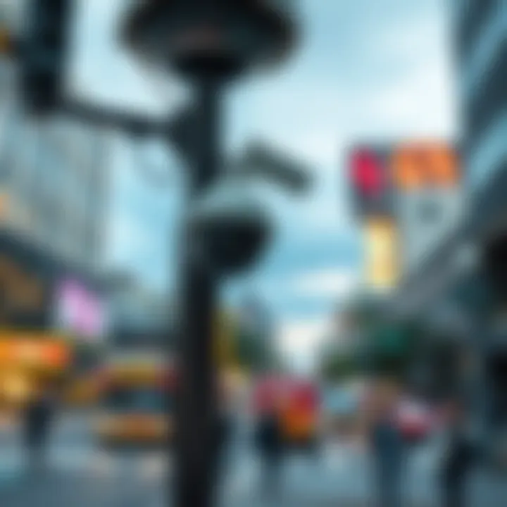 A Flock camera mounted on a streetlight overlooking a busy urban area with people walking by.