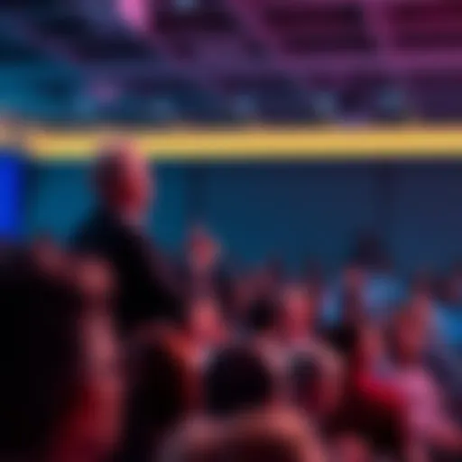 The CEO of Flock speaking to an audience about surveillance issues, with concerned faces in the crowd.
