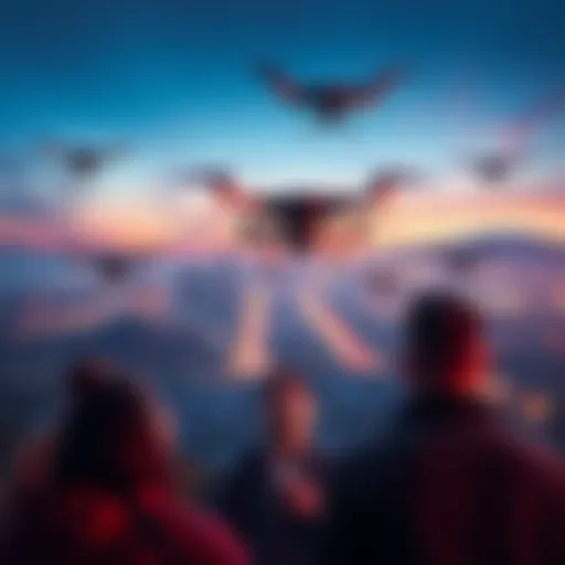 Flock drones flying over a California city, with residents looking up in concern.